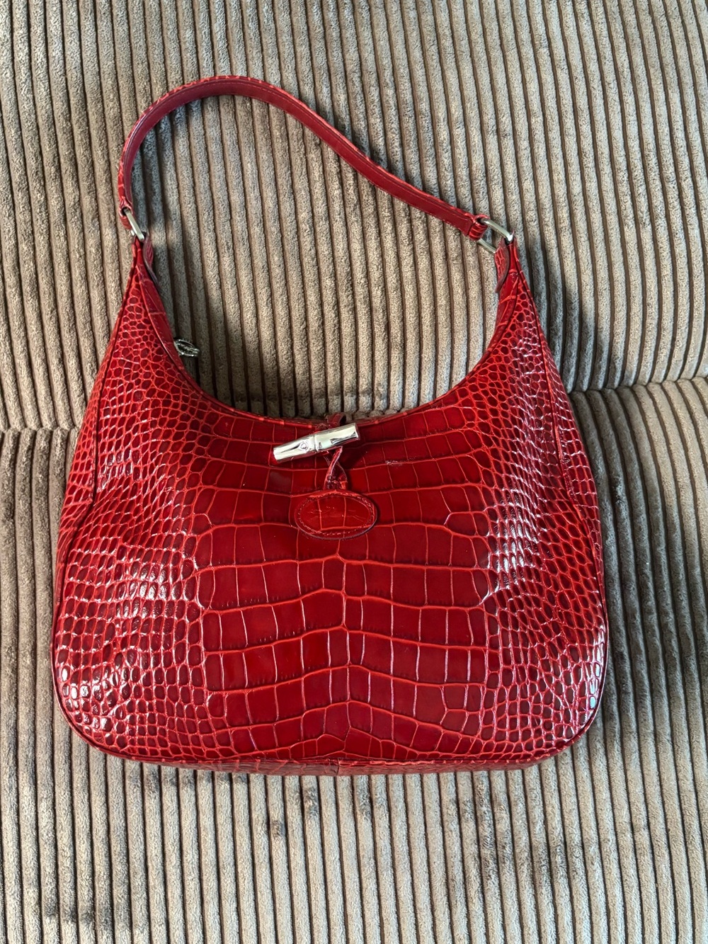 Longchamp Red Croc-Embossed Shoulder Bag